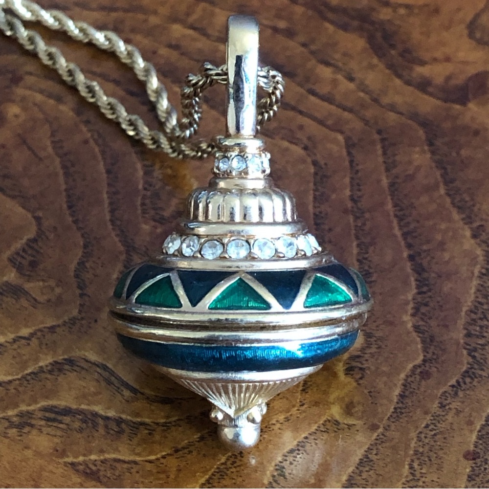 Vintage Swarovski enamel crystal ornament dreidel pendant on chain necklace
